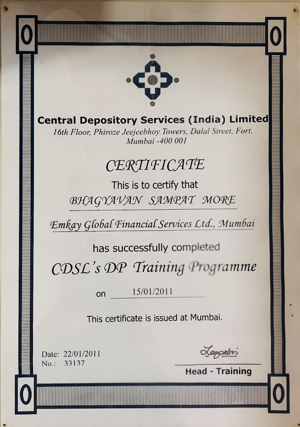 CDSL Training Certificate
